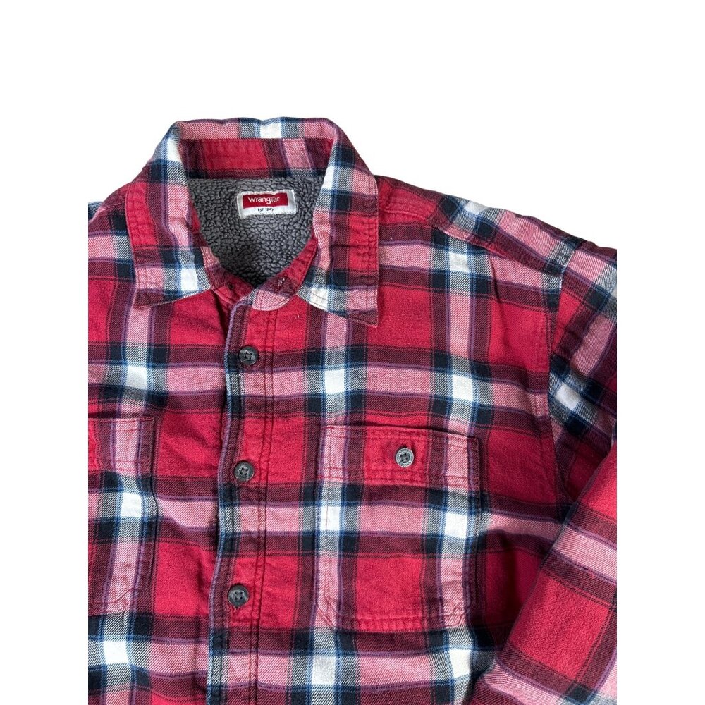 Wrangler Red Plaid Shacket Shirt Men's L Sherpa Lined Flannel Winter Workwear - Picture 2 of 6